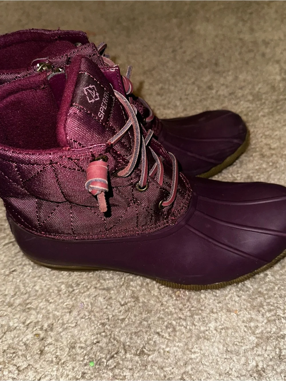 Sperry Quilted Lace-Up Duck Boots in Burgundy with Gum Soles
